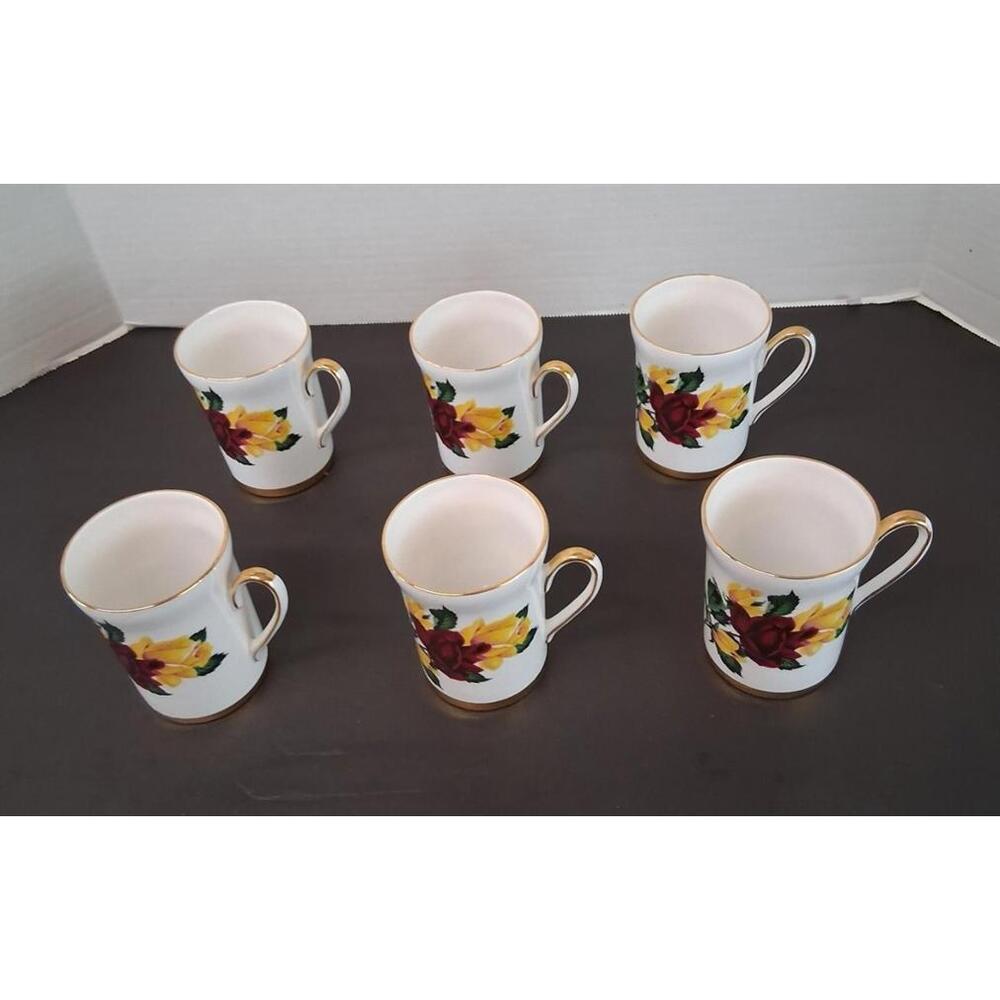 Society England Fine Bone China Floral Rose Mugs Set of 6 Gold Trim VTG 1960-80s